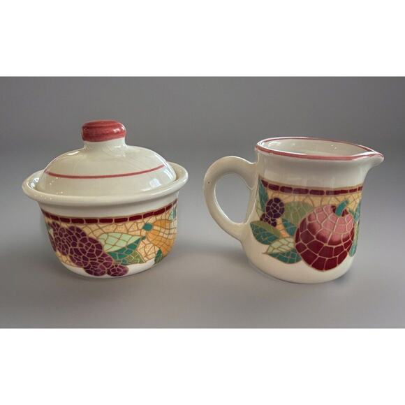 Pier 1 Imports Mosaic Fruit Creamer & Sugar Bowl w/ Lid Crafted In Italy EUC - Picture 2 of 4